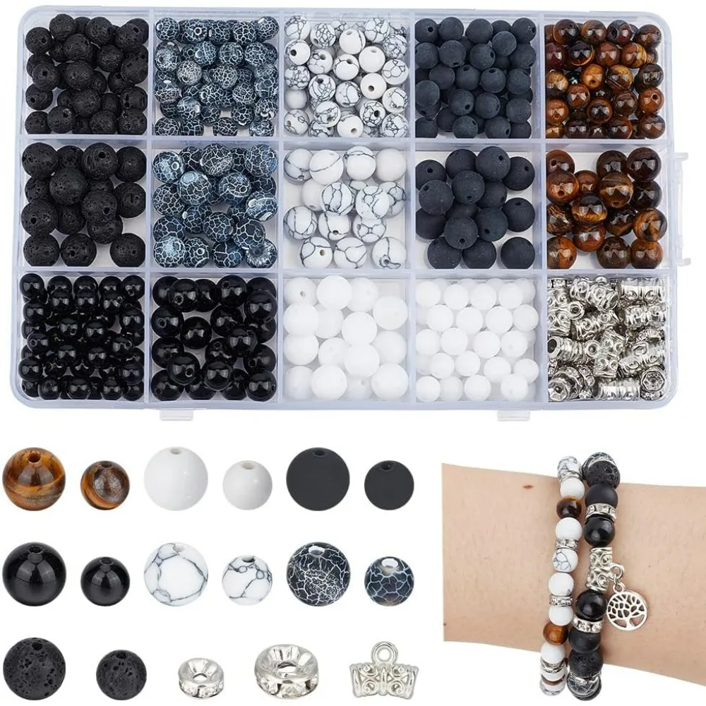 About 435 Pcs Stone Beads Kit Inlcuidng Natural/Synthetic Round Gemstone Beads Rhinestone Spacer Beads with Plastic Tube Bails