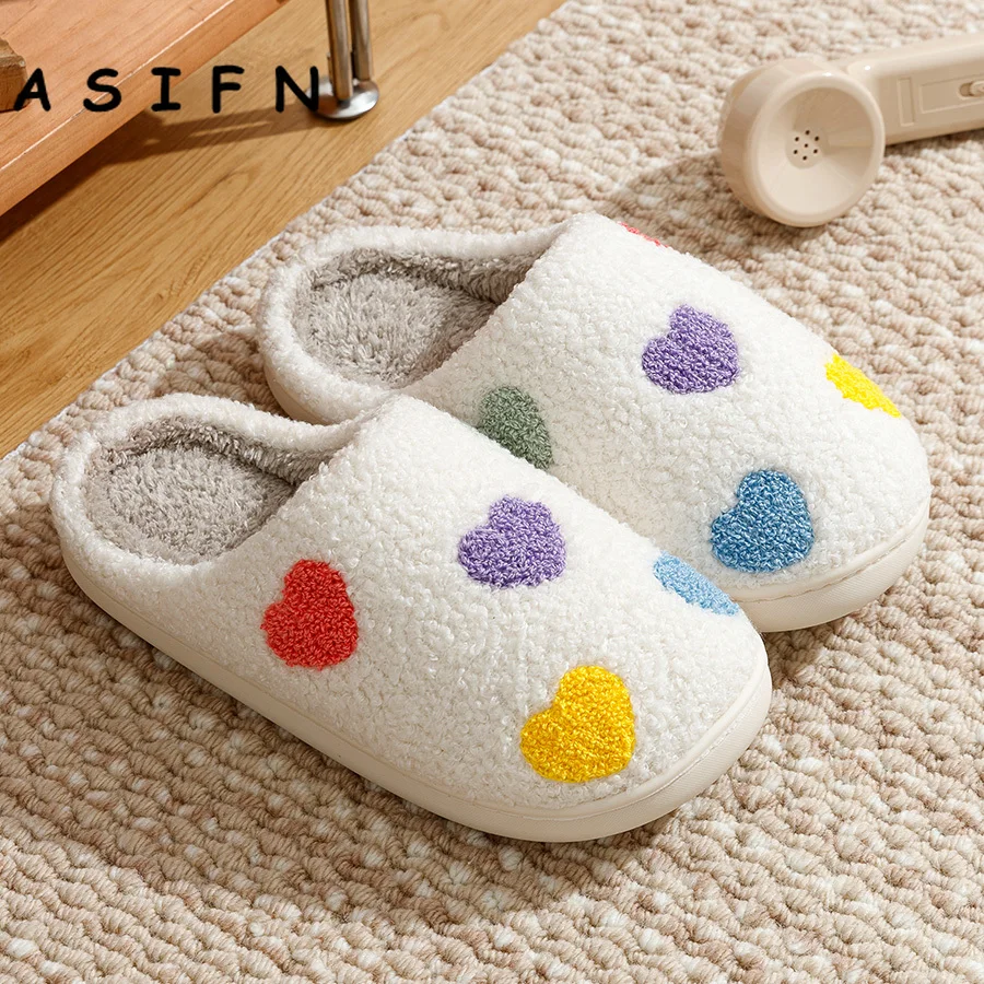 Winter Warm Colorful Heart Homeshoes Women\'s Slippers Fuzzy Cute Comfy Flat Funny Love Shoes for Gift Girl Mules Bedroom Slides