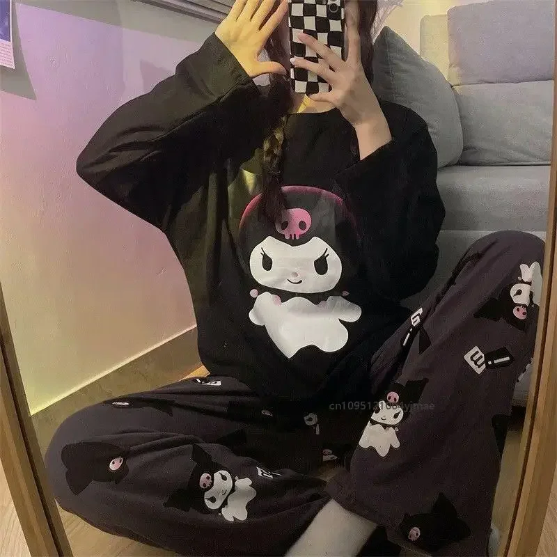 أنيمي 2 قطعة Kuromi المرأة منامة ربيع جديد أنيمي الفتيات الأسود موضة طويلة الأكمام بنطلون طالب عادية طالب المتسكعون