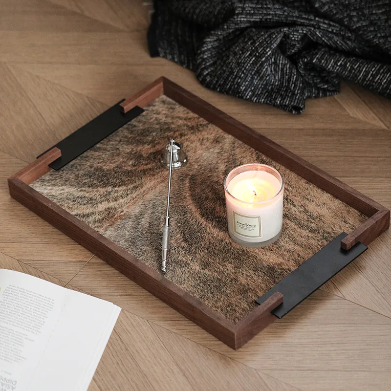 

Storage Trays,Walnut Rectangular Tray, Scented Candle, Living Room Porch Organization Tray, Genuine Fur Decorative Tray