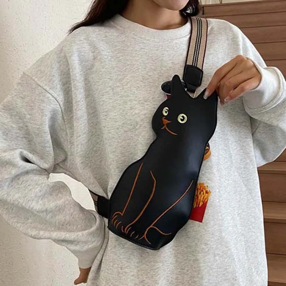 

Cartoon Black Cat Chest Pouch Anti-splash Water Adjustable Strap Cat Shoulder Bag Large Capacity Embroidered