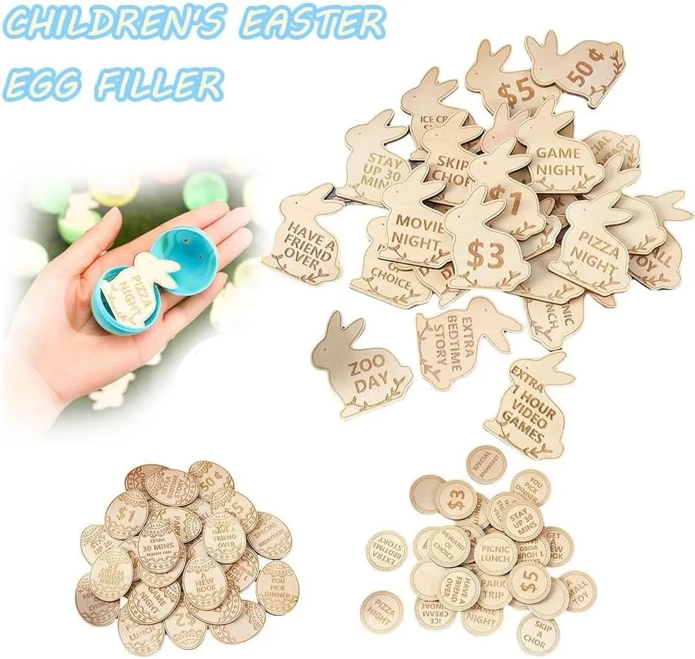 Hout Easter Bunny Egg Beloning Tokens,28Pcs Easter Prijzen Stuffers 25 Inwisselen Tokens + 3 Blanco Diy Tokens, Paas Ei Fillers