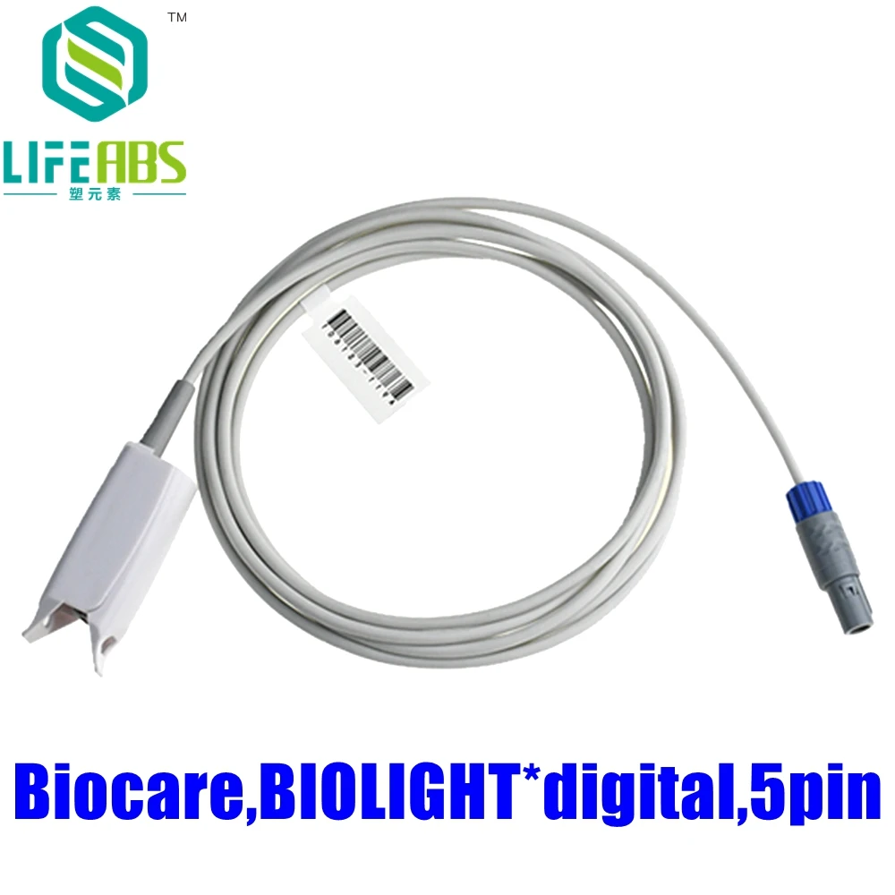 

for Biocare,Biolight*digital,5pin Patient Monitor Adult Finger Clip Ear Clip Silicone Long Cable Reusable Separated Spo2 Sensor