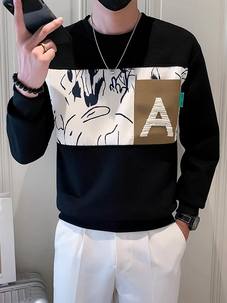 

Модный мужской свитшот с круглым вырезом и длинными рукавами, лоскутный дизайн, базовый слой, весна-осень, новинка, повседневная уличная одежда
