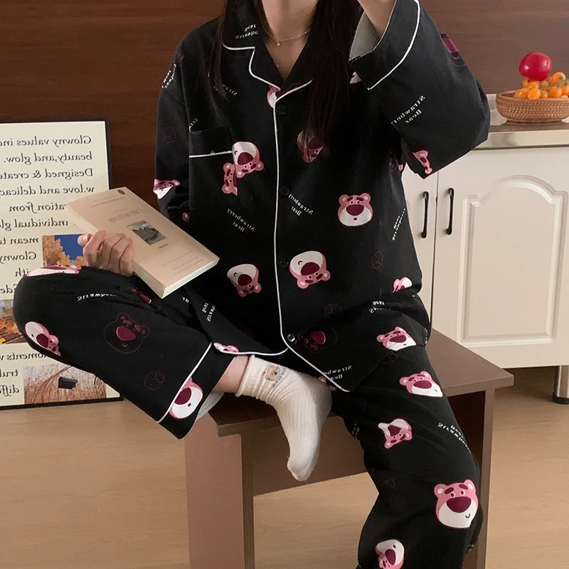 Disney strawberry bear cartoon print spring and autumn lapel cardigan women's pajamas imitation cotton long-sleeved loungewear