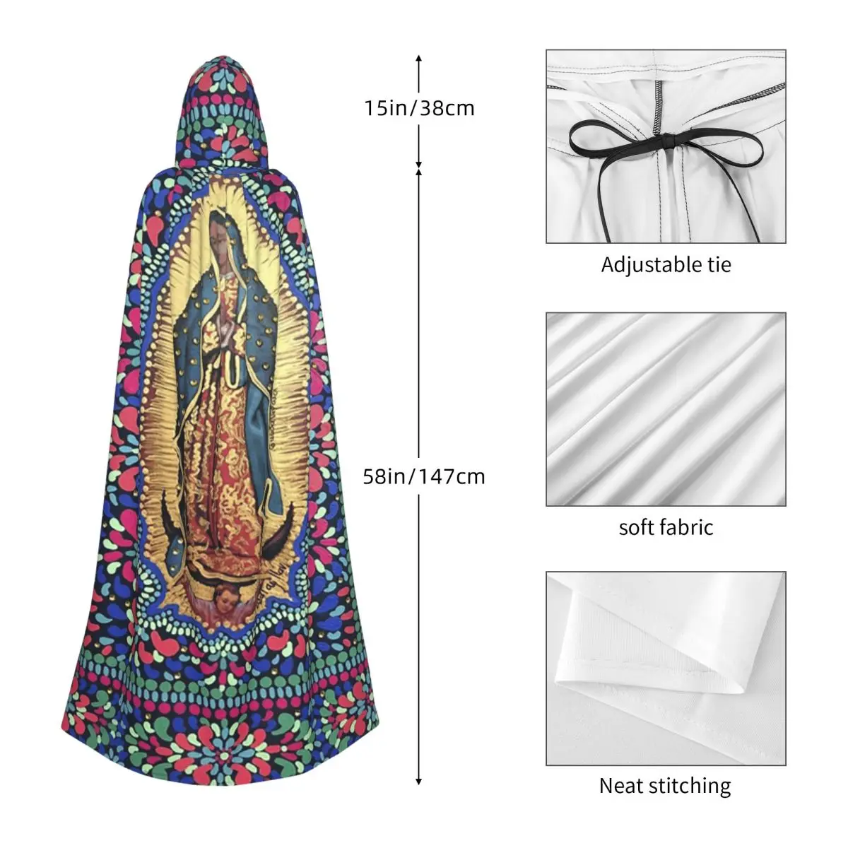 سيدة غوادالوبي مريم العذراء المكسيكي عباءة طويلة مقنعين الساحرة القرون الوسطى زي تأثيري كيب هالوين معطف الكبار للجنسين