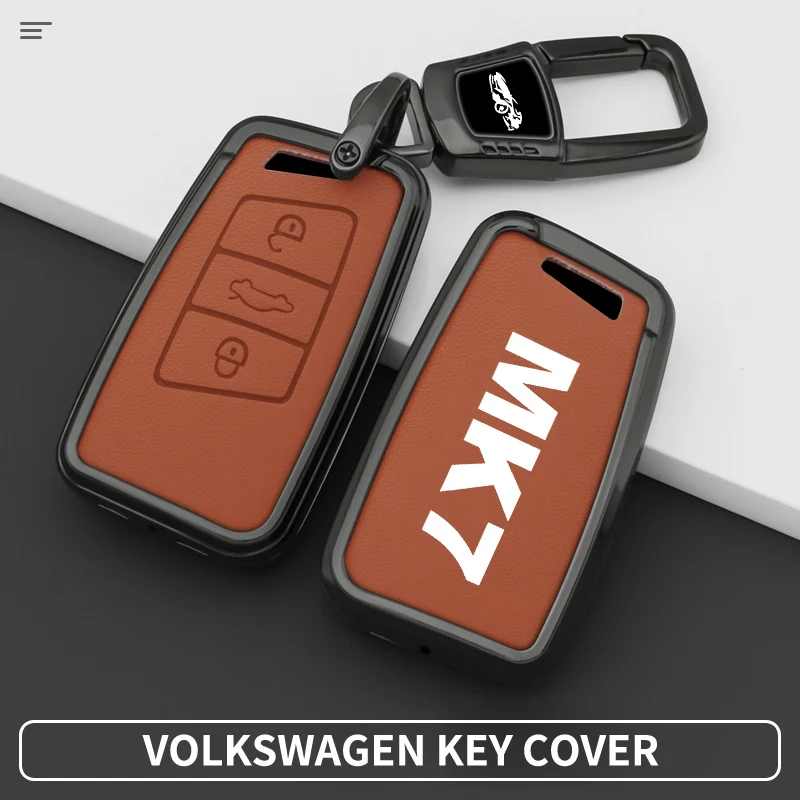 3 Button Smart Car Key Fob Cover For VW Golf MK7,Rectangle Full Wrap Key Shell, Zinc Alloy Leather MK7 Key Case with Keychain