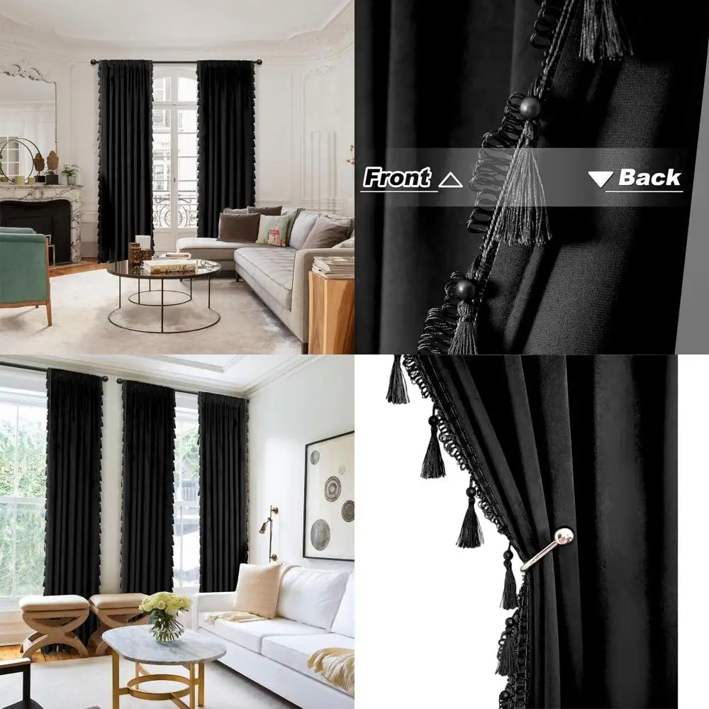

Черные плотные бархатные шторы длиной 84 дюйма, карманные шторы для окон с кисточками, звукоизоляционные термозанавески для гостиной
