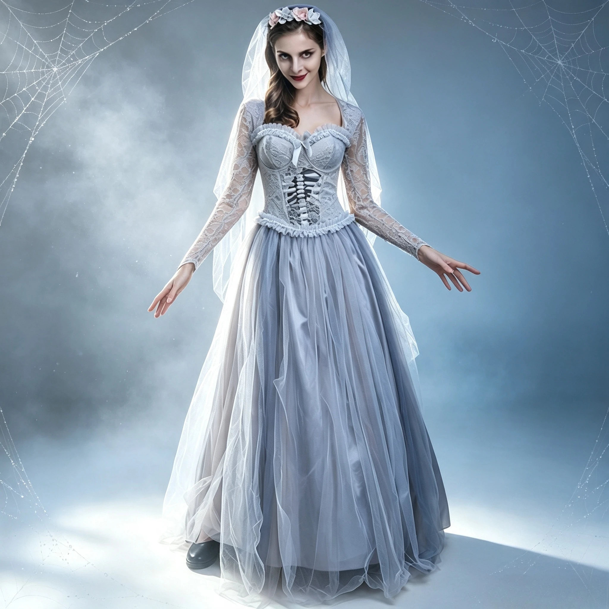 Horror Graues Totenkopf-Geisterbraut-Kleid Gruseliges Zombie-Themen-Outfit für Halloween, Maskerade, Karneval, Bühnenauftritt, Verkleidung
