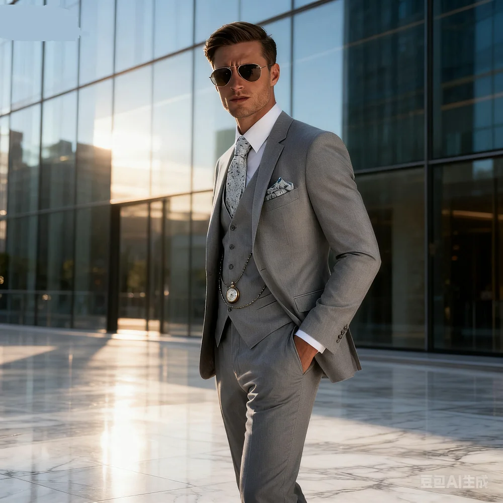 

Vestido de casamento masculino único Breasted Slim Fit, terno azul céu, jaqueta de lapela, calças, colete, elegante, 3 peças