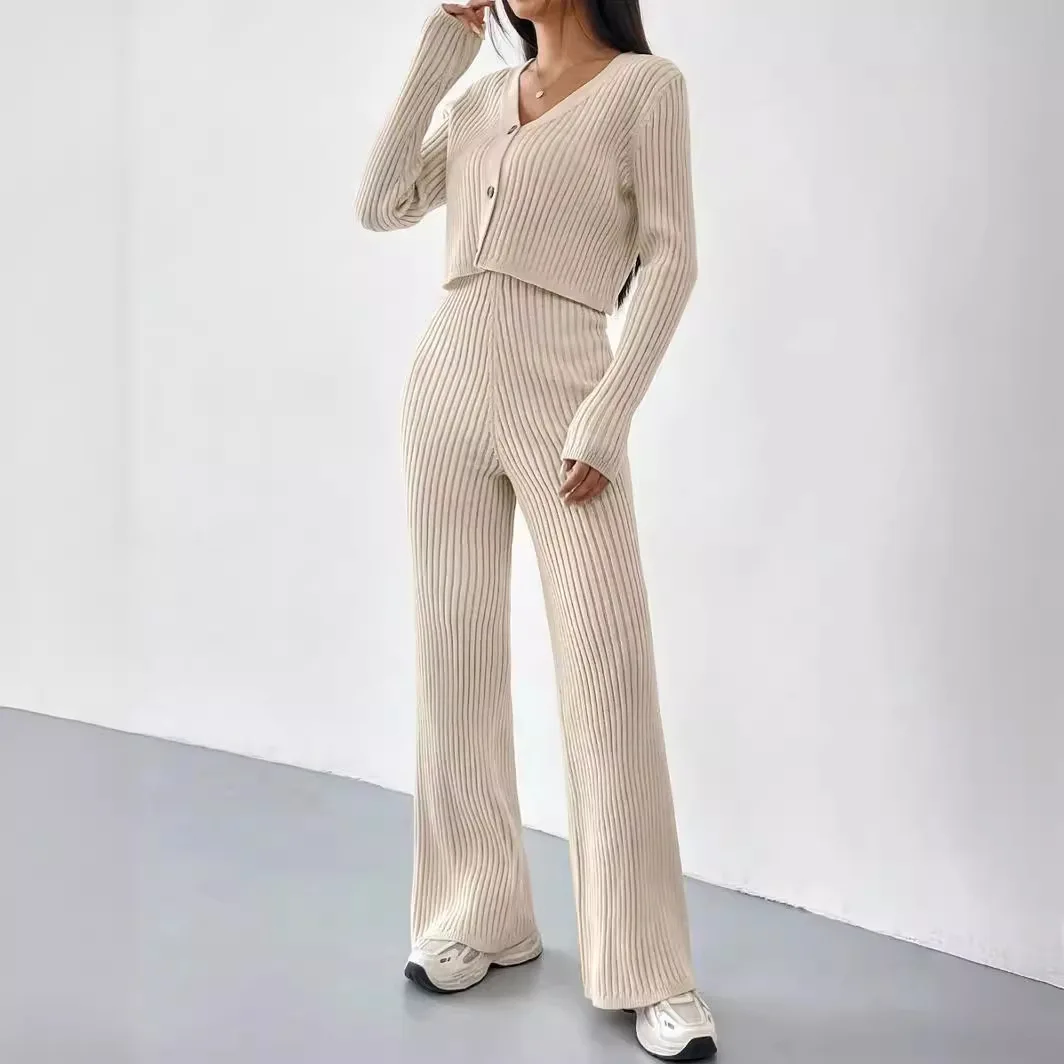 New Autumn and Winter Fashionable Casual Straight Leg Pants with Loose V-neck and Pit Stripe Knit Two-piece Set