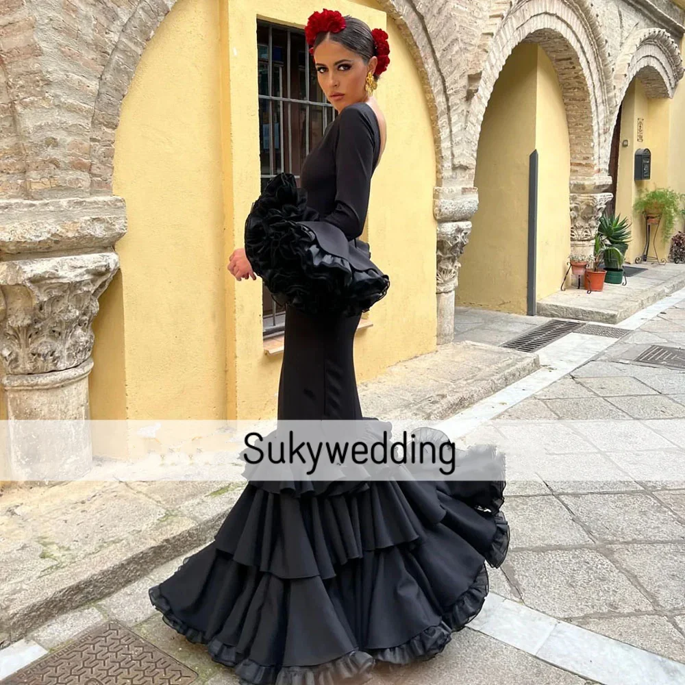 Flamenco Prom Dress Mermaid Prom Dresses with Long Sleeves Ruffles Tiered Skirt Dancing Spain Evening Occasion Gowns Customized