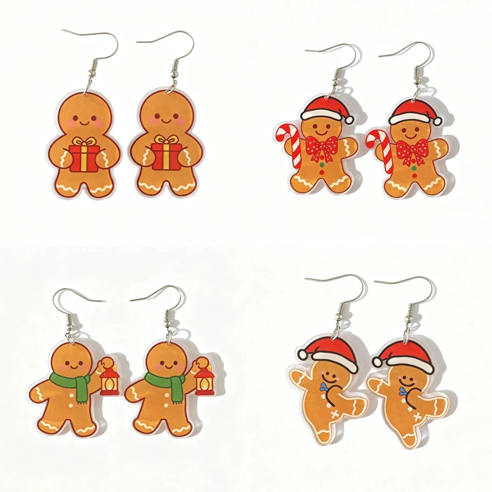 Christmas Gingerbread Man Acrylic Dangle Earrings 2D Flat Cute Cookie Figure Hook Earrings Xmas Holiday Party Jewelry Gift