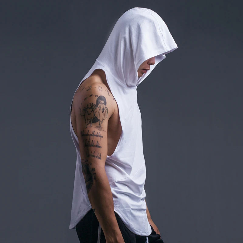 

Mens Breathable Cotton Mesh Gym Fitness Sleeveless Hooded Shirts Splicing Tank Tops Bodybuilding Muscle Hoodie Loose Sport Vests