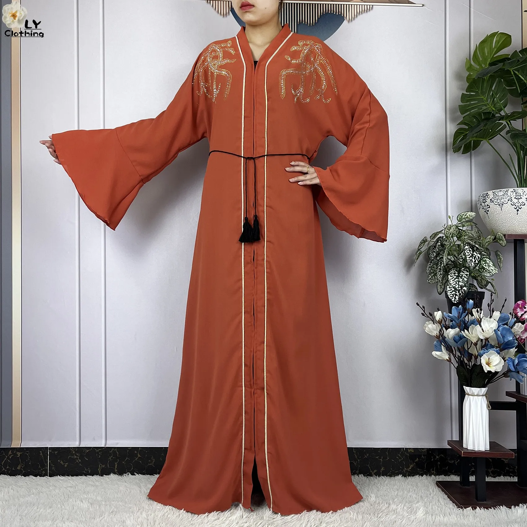 2024 Latest Muslim Women Long Sleeve Elegant Dresses Dubai Fashion Chiffon Soft Women Robe Open African Tradition Abaya Clothing