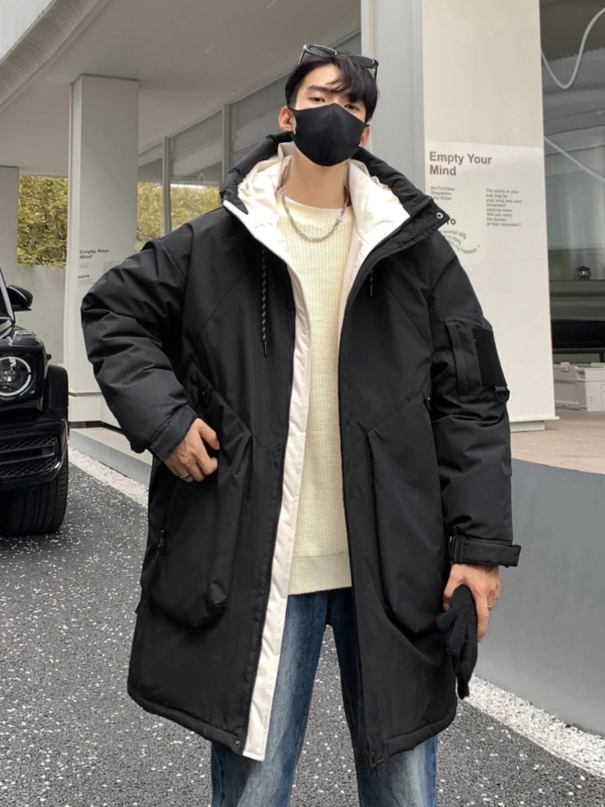 Jacket Mid-Length down Jacket Men's Thickened Warm Winter Cold-Proof Hooded Jacket BlackWhite Loose Casual Fashion All-Match 1Pc