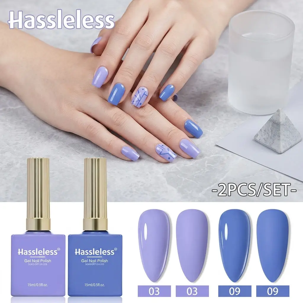

Hassleless 2-pack gel nail polish set. The gold-capped square bottle packaging has a luxurious feel. The low-saturation Morandi