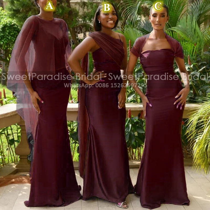 Customized Burgundy Trumpet Long Bridesmaid Dresses Long Mermaid Shawl Wedding Party Dress Maid Of Honor For Women