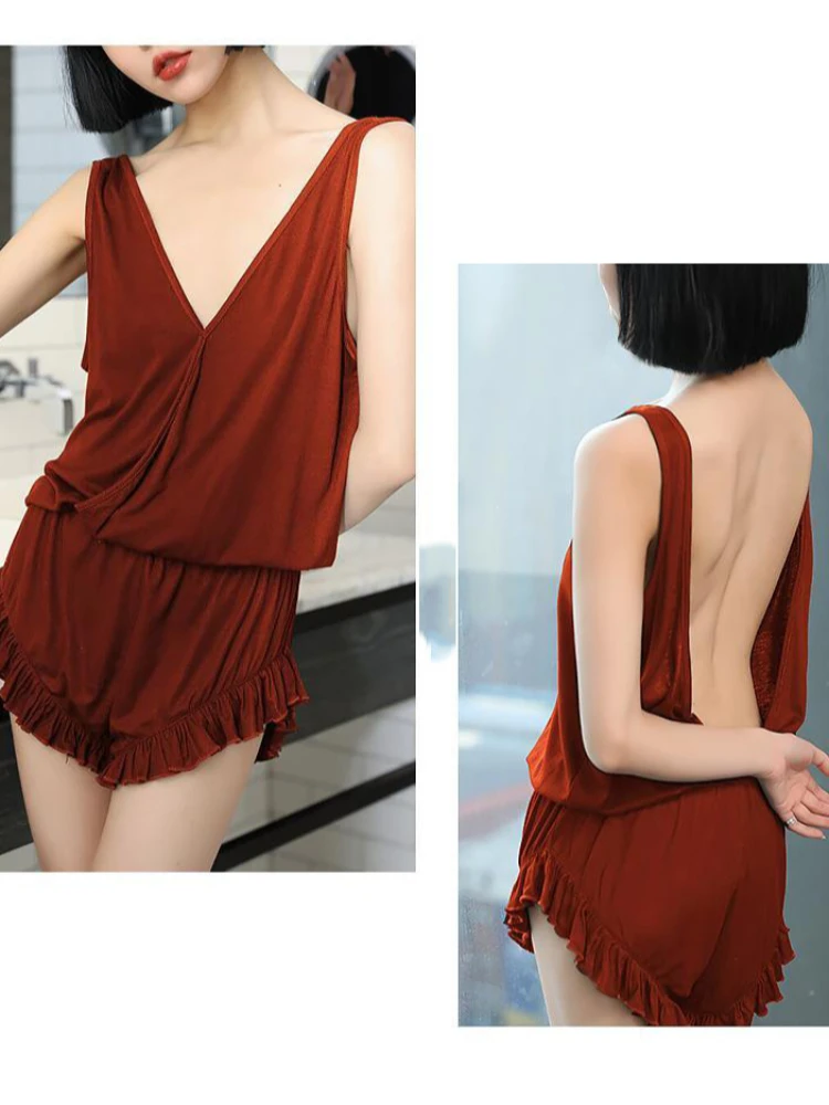 

2025 Women's Sexy Deep V Open Back Ruffle Trim One-Piece Pajamas - Sweet Edgy Loungewear for Summer