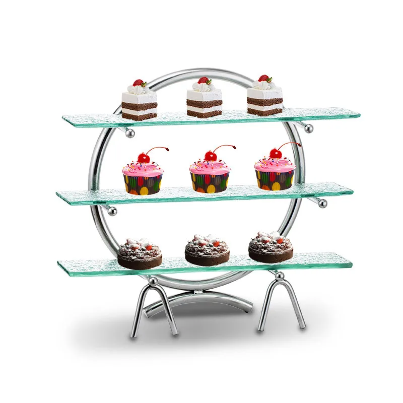 Cold food dim sum rack three-layer sushi tray rack cake display stand hotel round hand rest stainless steel