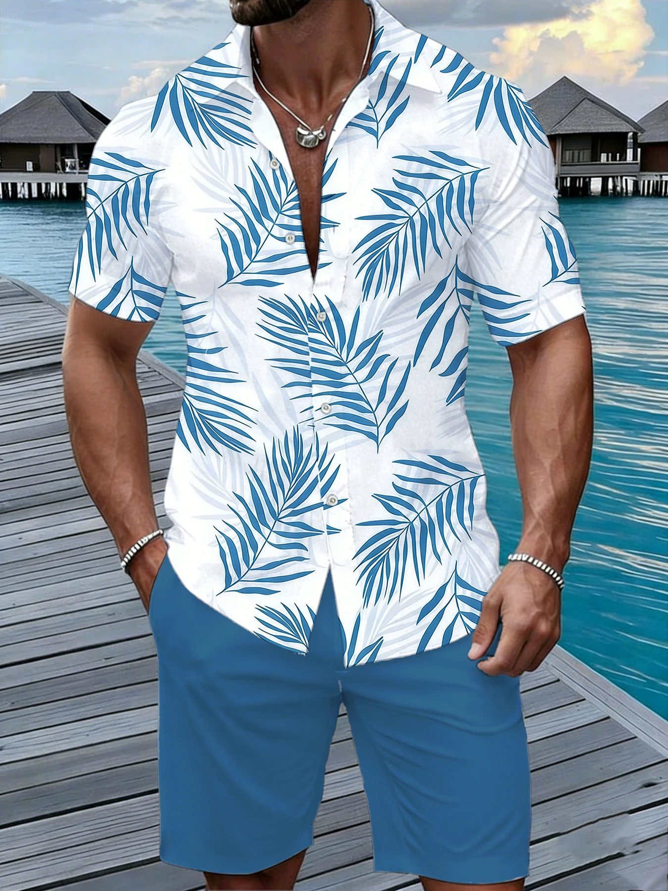 

Men's Premium Blue Palm Leaf Print Short Sleeve Shirt, Camp Collar Button Down, Elevated Beach & Resort Wear