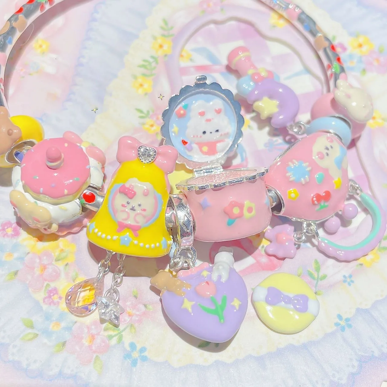 925 Sterling Silver Cute Rabbit Blush Compact With Removable Powder Puff Charm Bead For Pandora Bracelet Bangle European Jewelry