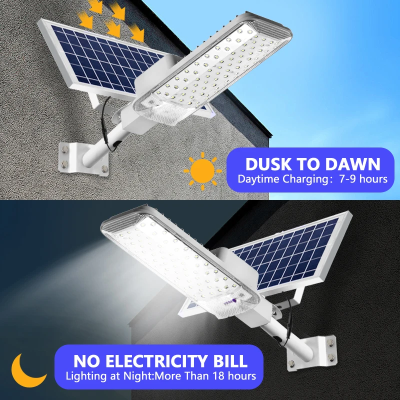 Solar Light High-Power 6500K LED Dusk to Dawn Waterproof LED Solar Street Light Backyard Street Lamps Security Flood Lighting