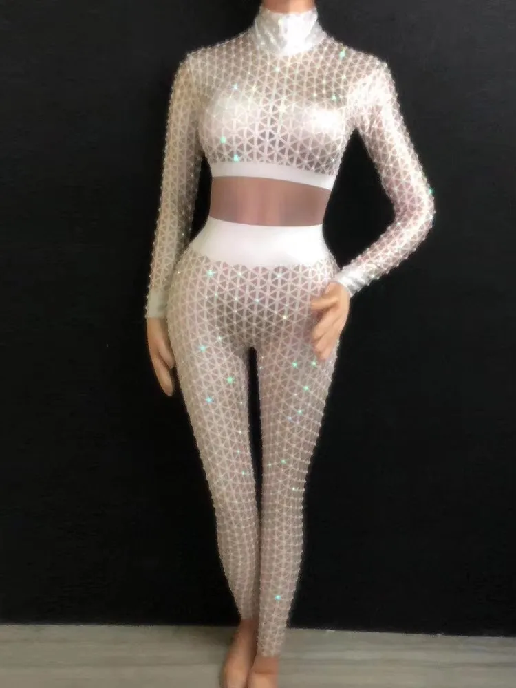 

fashion Rhinestones Plaid Jumpsuit Women Birthday Party sexy Nightclub Singer leotard One Piece Wear Black White Stretch Clothes