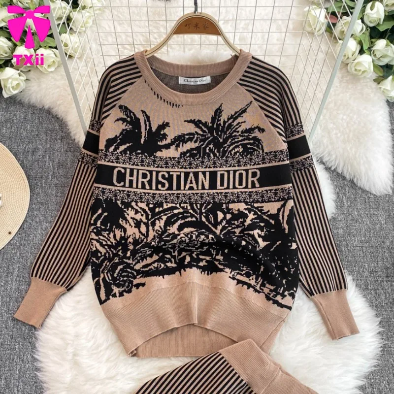 Autumn and Winter New Artistic Atmosphere Knitted Printed Set Women\'s Round Neck Top+High Waist Wide Leg Pants Two Piece Set