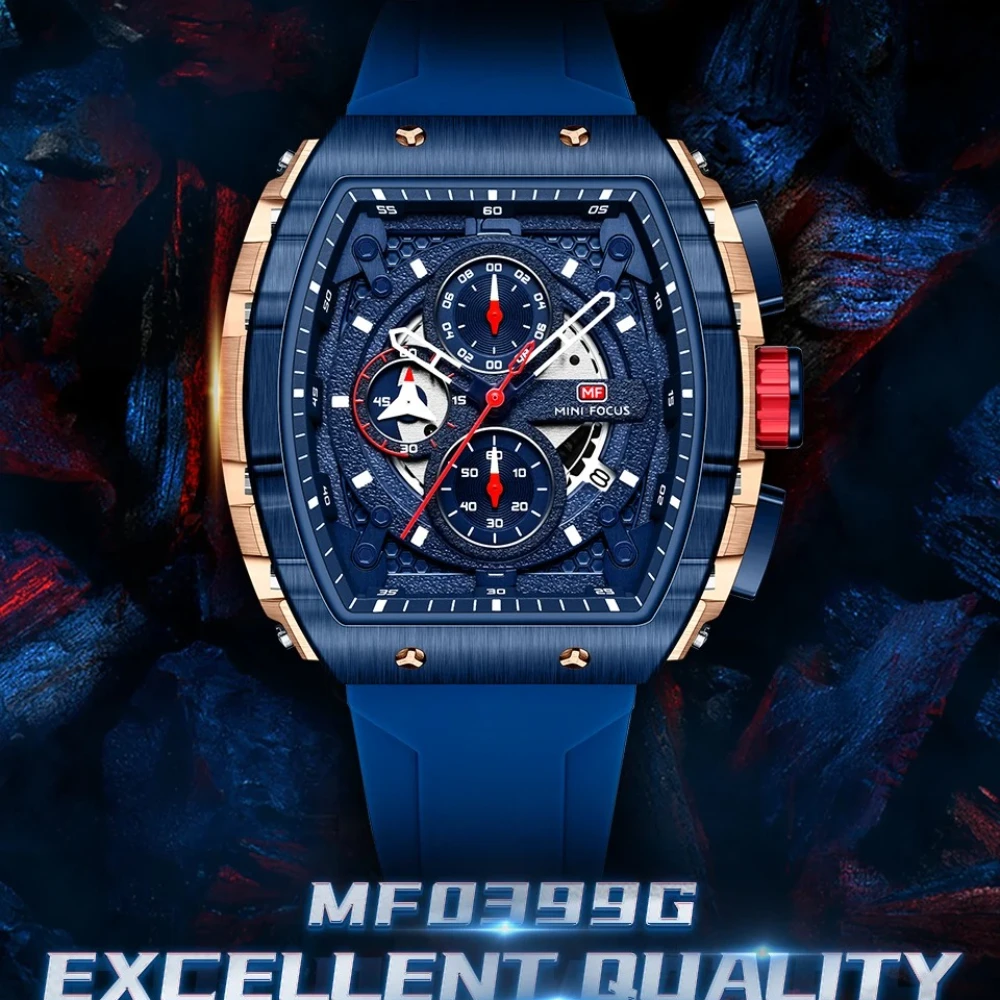 

MINI FOCUS 0399 Тип винной бочки Мужские часы-хронометр Открытый часы-скелетон Модные спортивные кварцевые часы с силиконовым ремешком для мужчин