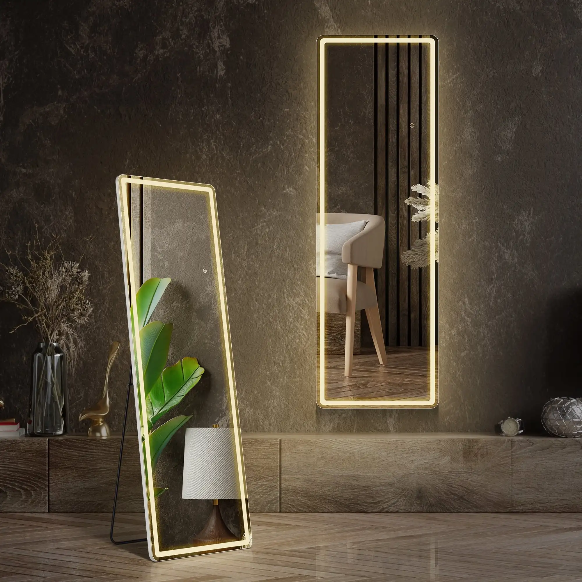 60"x16" LED Full Length Mirror with Aluminum Frame Polished Glass for Outdoor Bedroom Living Room image 3