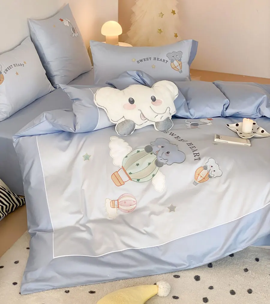 Fashion cute embroidery blue elephant balloon bedding set,full queen king cotton home textile bed sheet pillow case duvet cover