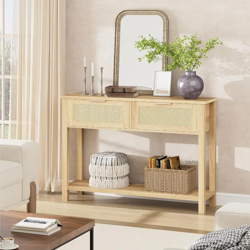 Rattan Entryway Table, Boho Console Table with Drawers, 2 Tier Sofa Table with Storage, Wooden Console Table for Entryw