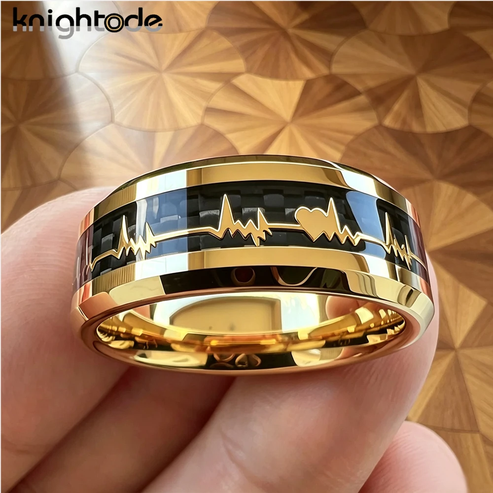 8mm Tungsten Carbide Ring with Carbon Fiber Inlay Gold Plated EKG Heartbeat Design Wedding Band for Men And Women Anniversary view 3