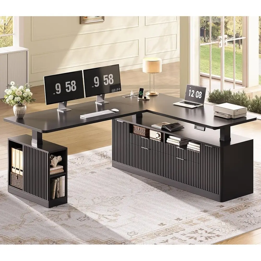 

Электрический стол-трансформер L-образной формы 69 x 55 с 4 ящиками и полками для хранения, черный