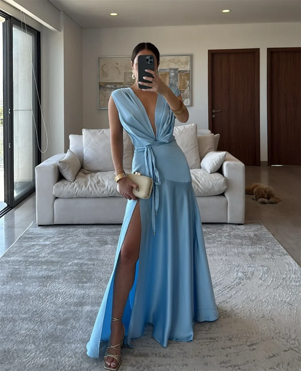 

Синие платья для выпускного вечера с V-образным вырезом и высоким разрезом, трапециевидные платья без рукавов по индивидуальному заказу, платья со шлейфом для soirée 2025