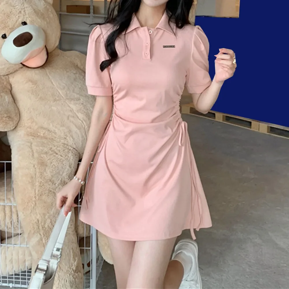 High Quality Mini Dress Women Clothing Daily Sweet Drawstring Waist Fashionable Girl Korean Puff Sleeve Summer