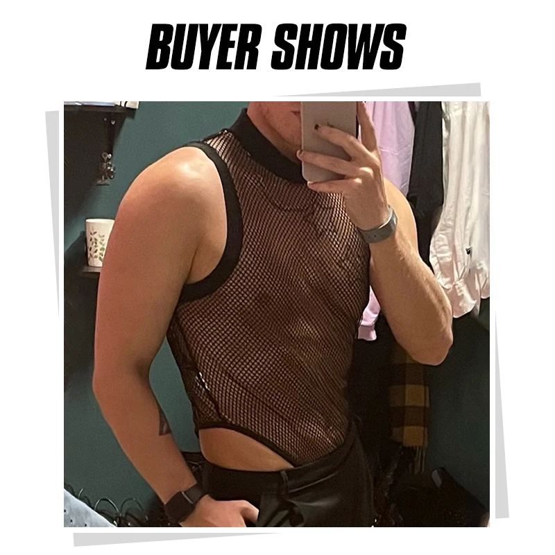 Mannen Bodysuit Ondergoed Mesh Patchwork Mouwloze Homewear See Through Dunne Romper 2023 Ademend Sexy Mannen Bodysuits Incerun