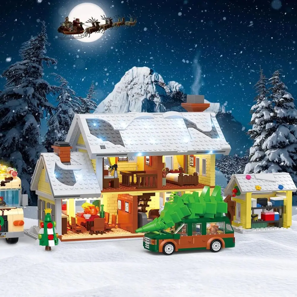 Kit di costruzione del villaggio di Natale 4 in 1: casa delle vacanze, camper, camioncino e garage (2056 pezzi) - Compatibile con LEGO