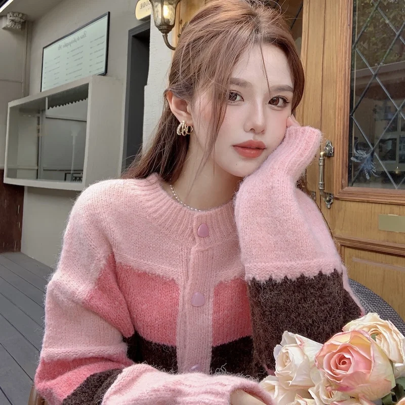 Autumn Winter New Multicolor Short Style Knitted Cardigan Vintage Lazy Wind Chic Button Pullovers Women Fashion Loose Sweater