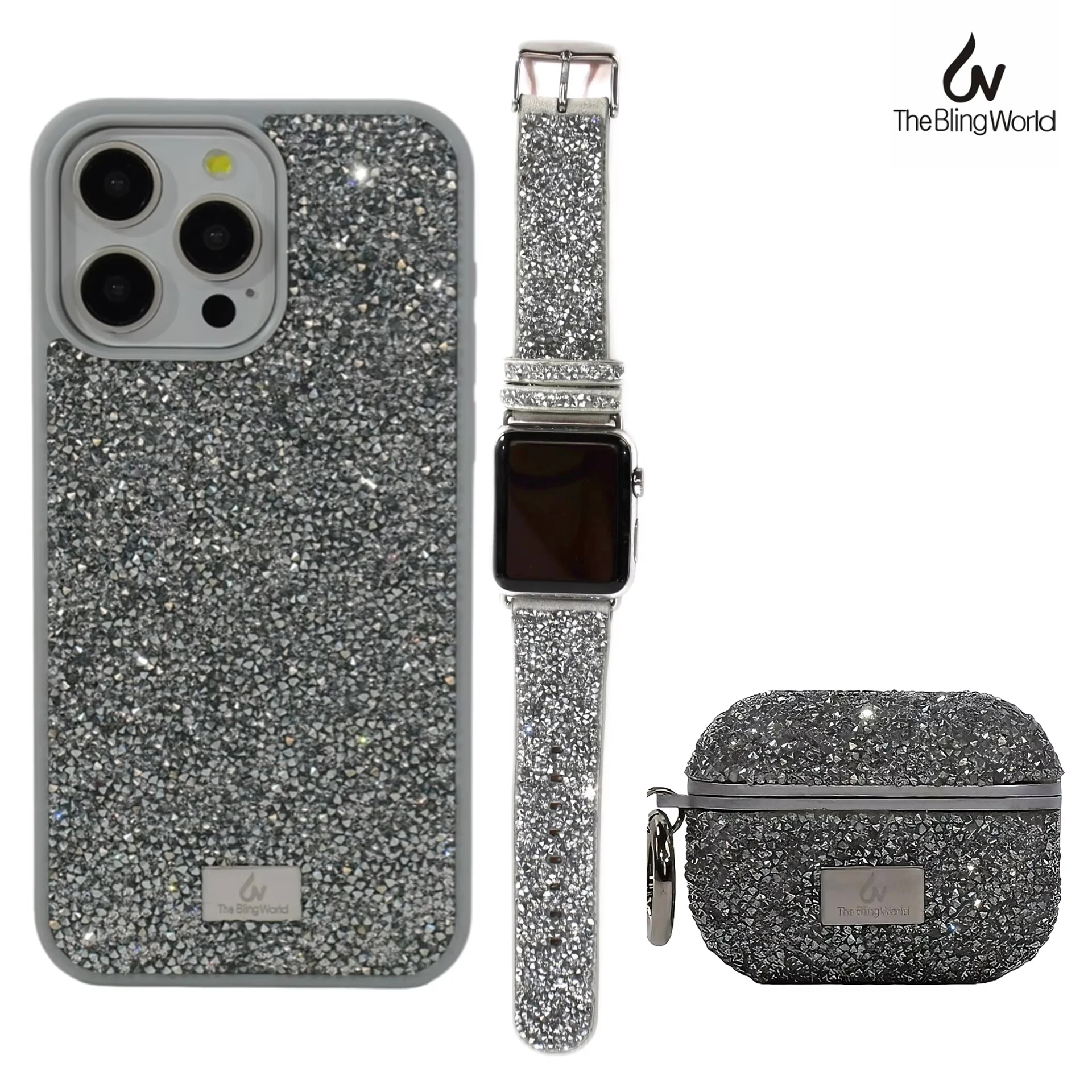 Luxury Silver Rhinestone For Apple Iphone 16 15 14 13 12 11 Phone Case Airpods Case Apple Watch SE 6 7 8 9 Strap The Bling World