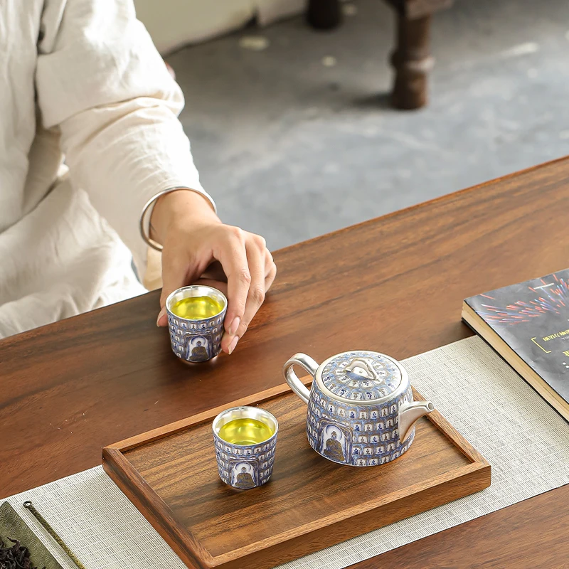 Dunhuang Wanfo Chaozong intangible cultural heritage high-end Kung Fu silver tea set set is offered to the teacher's