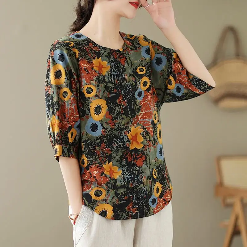 Cotton Linen Loose Comfortable Three Quarter O-Neck Top Summer Vintage Printed Casual Women's T-shirtt Covering Meat Pullover