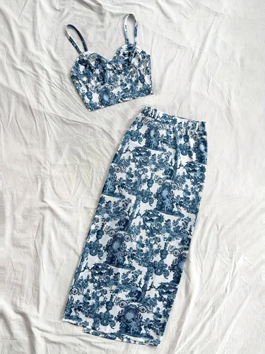 Imagen 2 del producto Tops de verano, vestido de mujer, traje de baño de 2 piezas, traje de baño para vacaciones en la playa, tirantes estampados, espalda descubierta, Top ajustado, falda con abertura lateral, vestido de fiesta