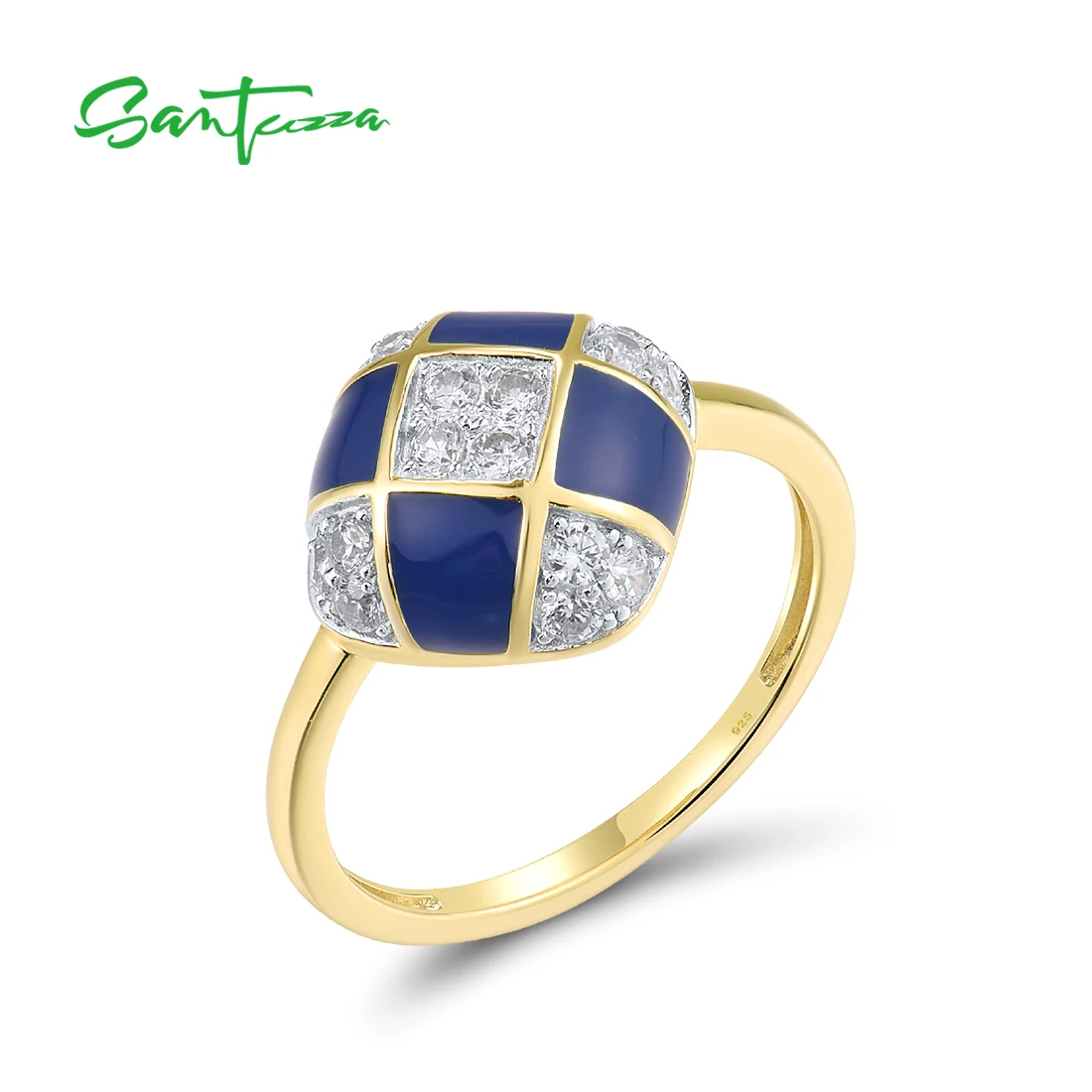 

SANTUZZA Genuine 925 Sterling Silver Rings For Women Sparkling White CZ Blue Square Enamel Wedding Anniversary Gift Fine Jewelry