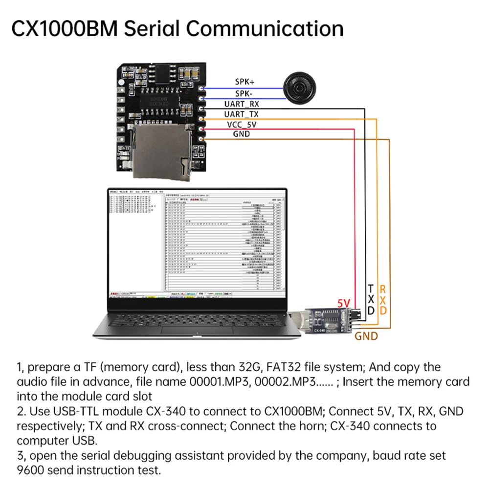 CX1000BM Serial Voice Player Module MP3 Playback Voice Broadcast Custom Audio Recordable Sound Module For Greeting Card
