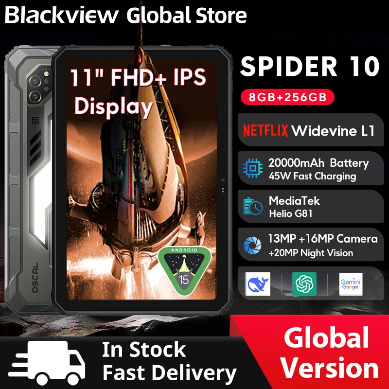 Blackview oscal spider 10 tablet robusto de 11 polegadas hd + display ips 20000mah 45w octa-core android 256gb ip68 e ip69k almofada externa pc