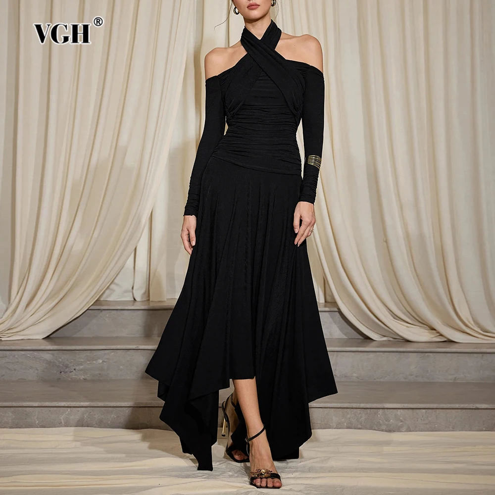 

VGH Black Elegant Halter Neck Dress for Women Off The Shoulder Long Sleeve Patchwork Irregular Hem Midi Party Dresses Female New