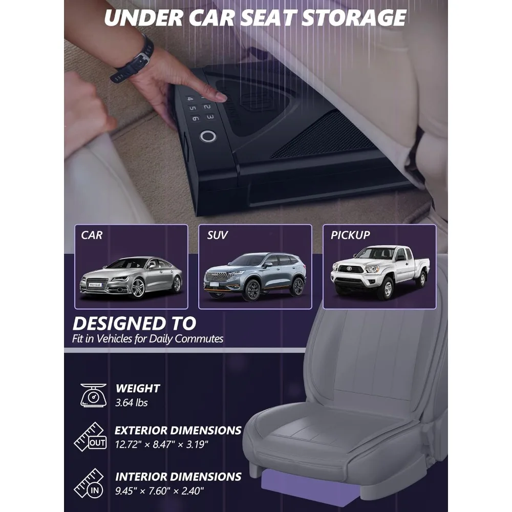 Car Gun Safe, Portable Biometric Safes for Pistols with Cable, Fingerprint & Keypad & Key Access Handgun Lock Box for Vehicle Tr