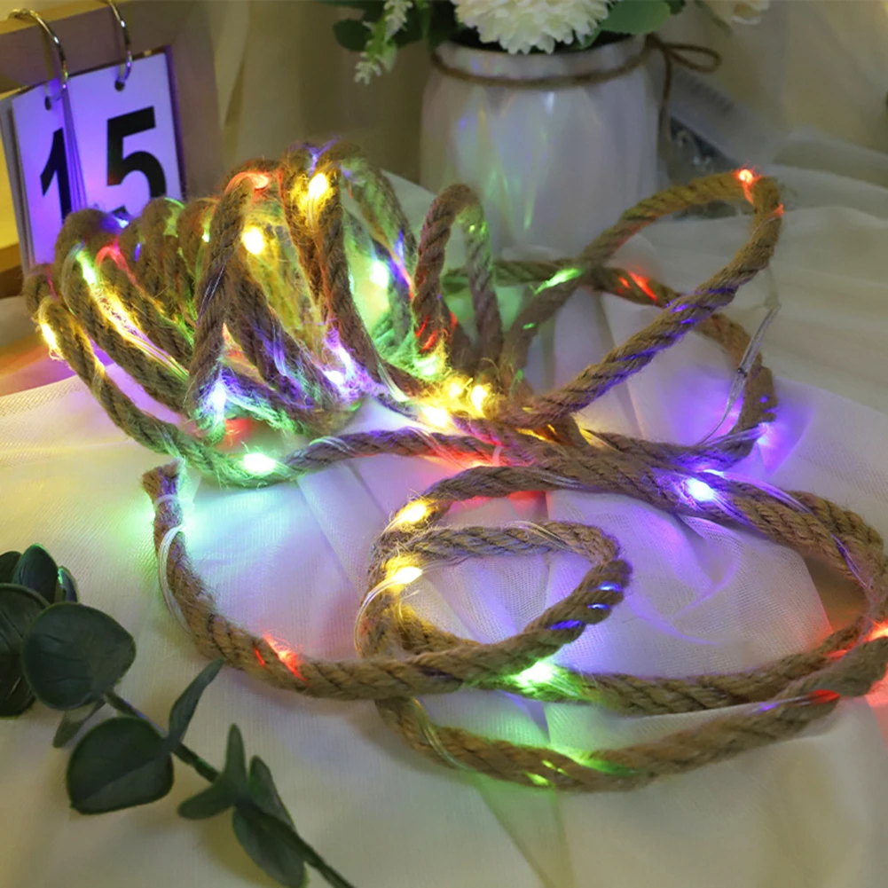 Fairy Jute Rope String Lights 5 Meters 50LEDs 2700K Light Solar Battery Powered Waterproof Outdoor Patio Garden Decoration